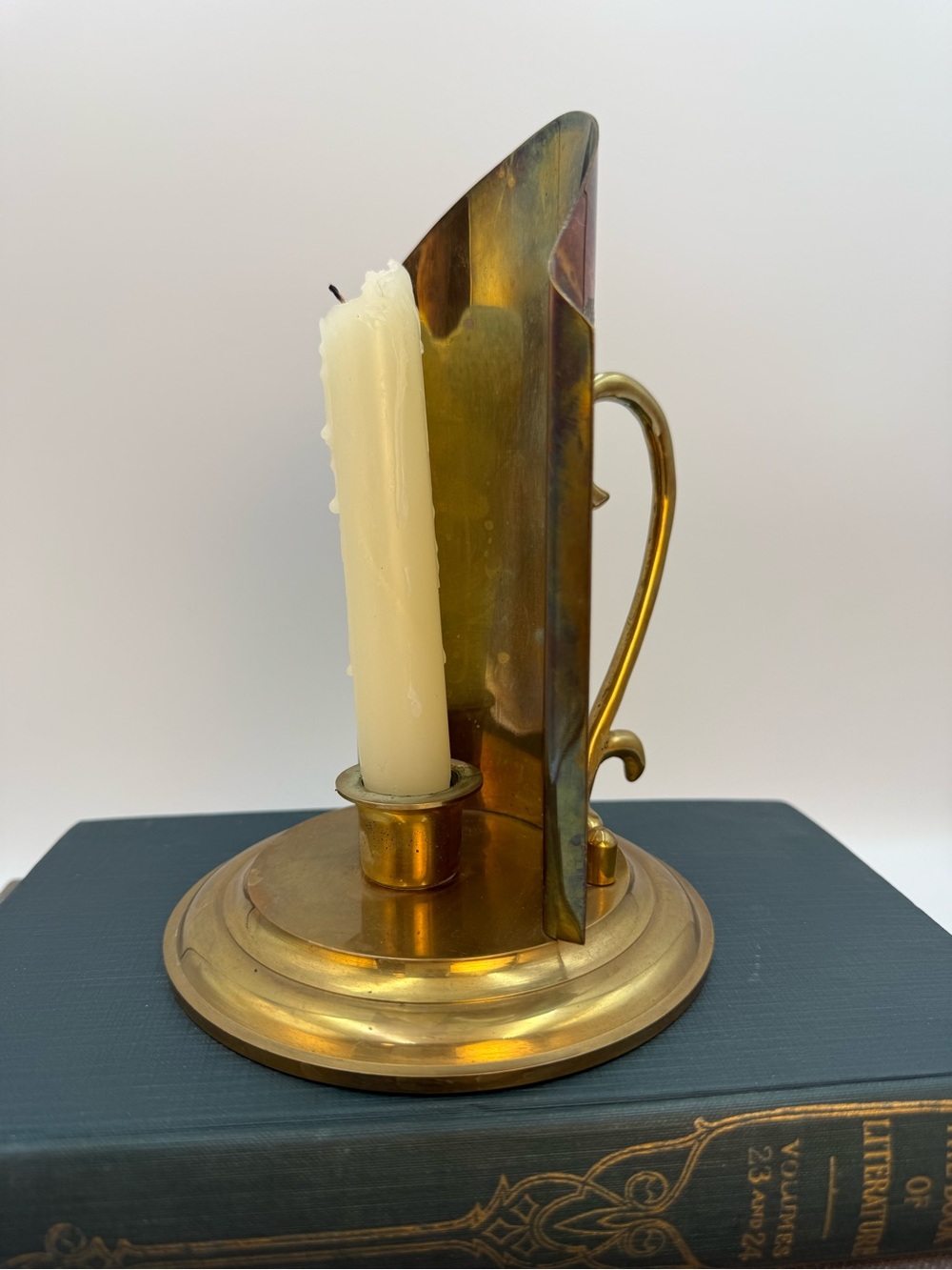 Vintage Brass Tabletop Candlestick Holder with Carry Handle and Backwind Guard